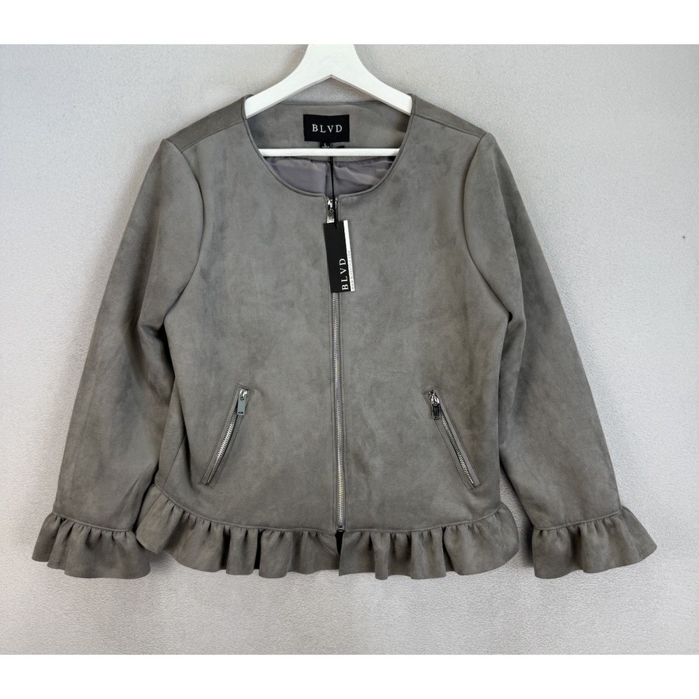 BLVD Style Women's‎ Size Large Grey Ruffle Cuff Full Zip Sueded Jacket NWT